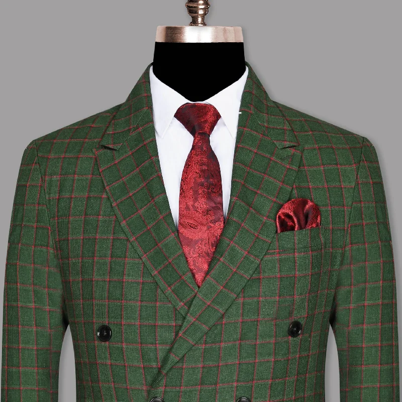 Hunter Green Windowpane Luxurious Linen Double Breasted Blazer Practical Men's Quick