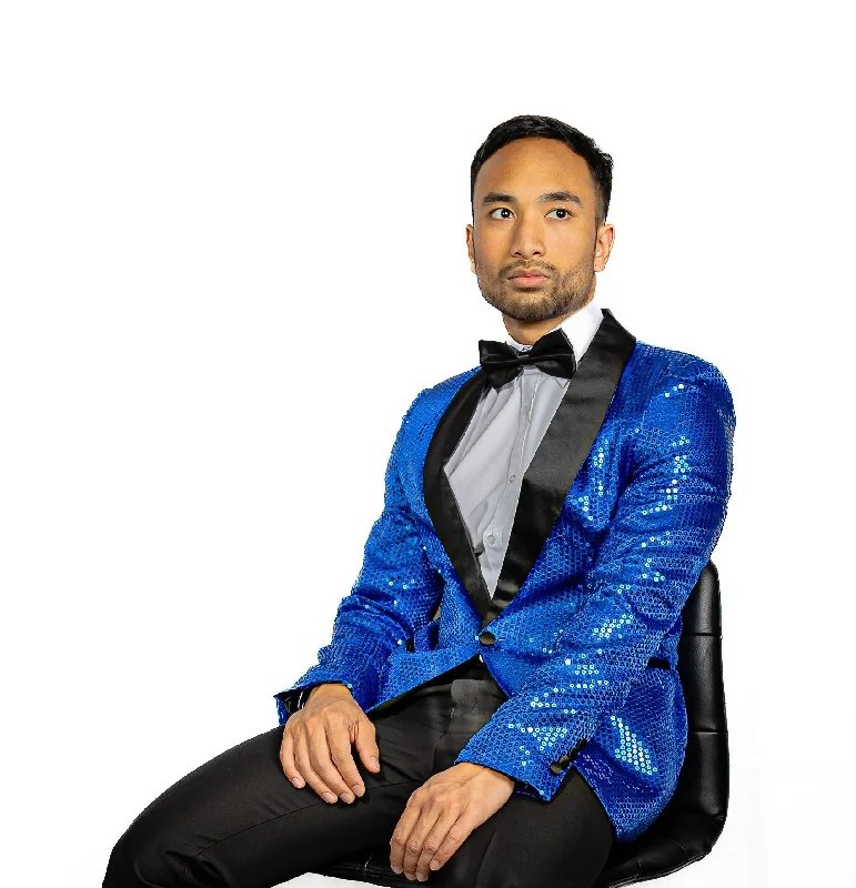 Sequin Blue Solid Jacket with Black Shawl Collar  - XX-1079 British Gentleman Style