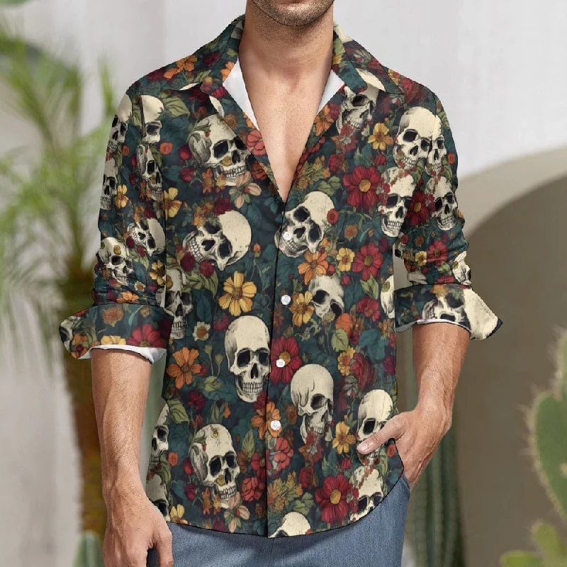 Skulls & Flowers Casual One Pocket Long Sleeve Shirt Refined Men's European