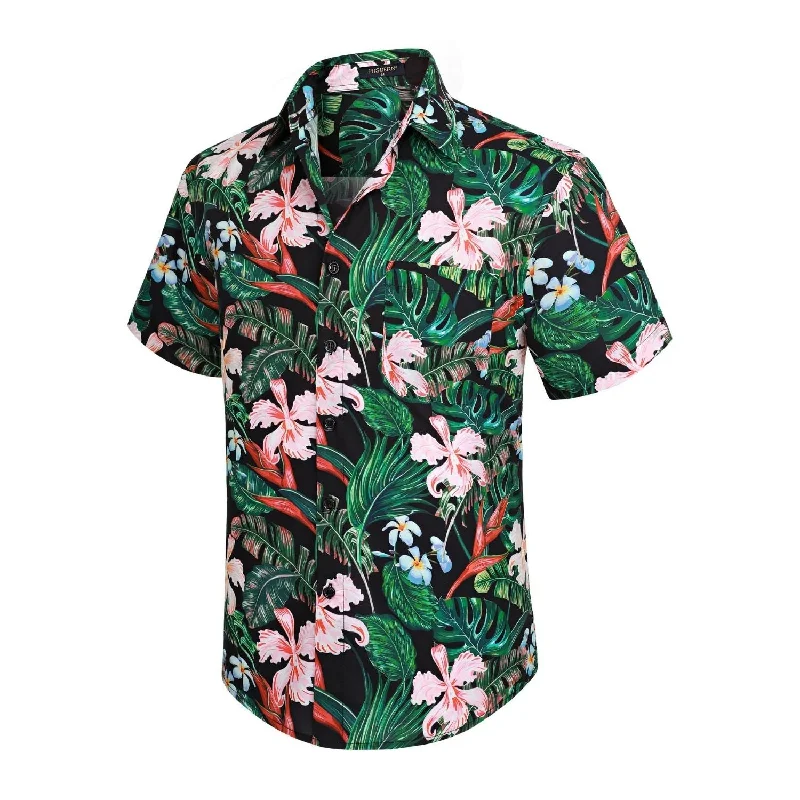 Funky Hawaiian Shirts with Pocket - 18-BLACK/GREEN Artistic Men's Avant