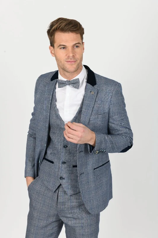 Hilton Blue Velvet Trim Tweed Check Blazer | Wedding Wear | Office Suit | Check Blazer Artistic Men's Avant