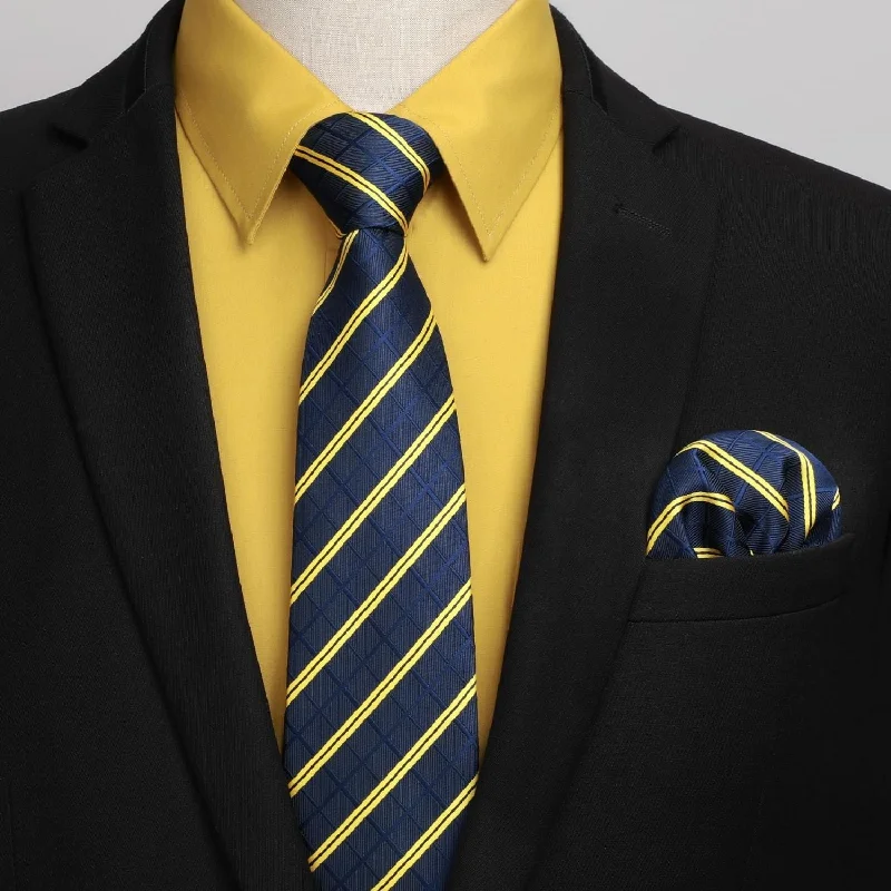 Men's Shirt with Tie Handkerchief Set - YELLOW/STRIPED Sleek Men's Metallic