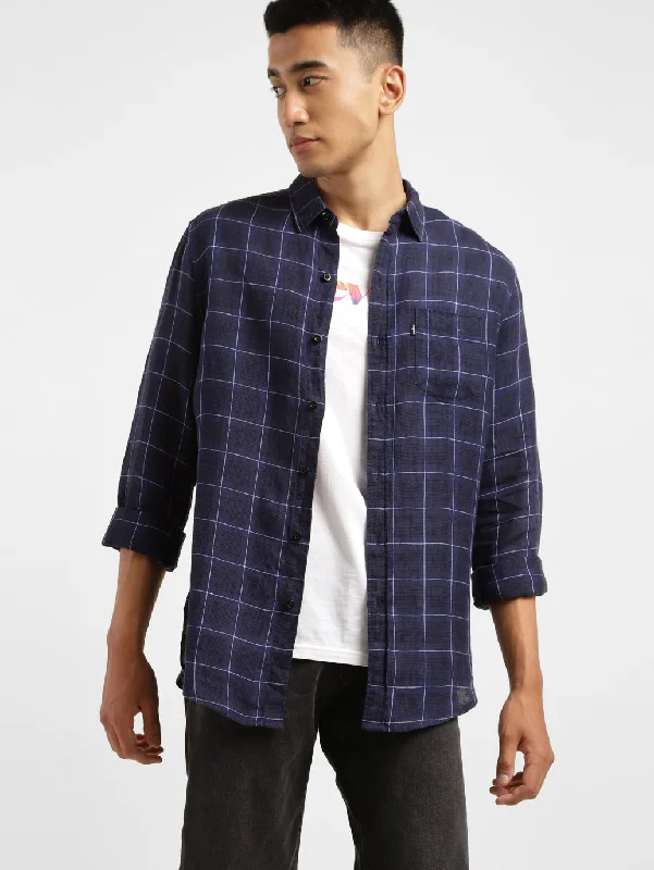 Men's Checkered Spread Collar Linen Shirt Purple Elegant Men's Formal 