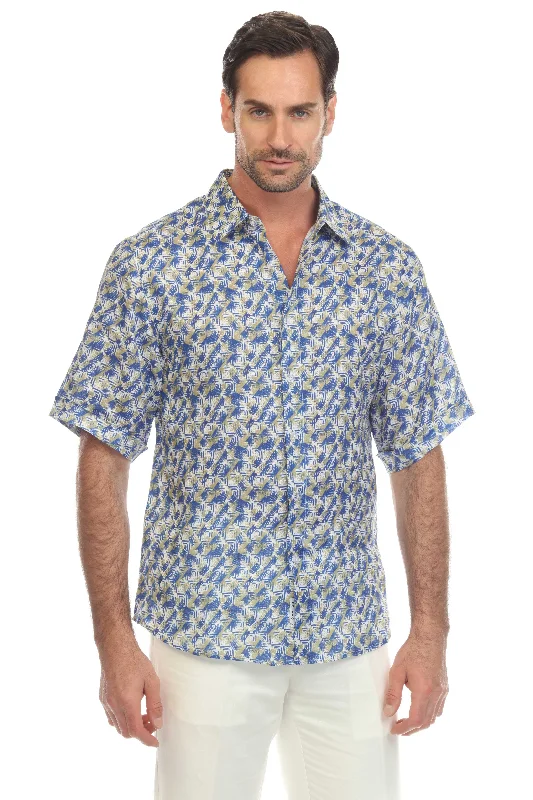 Casual Print 100% Linen Shirt Short Sleeve Button Down Refined Men's European