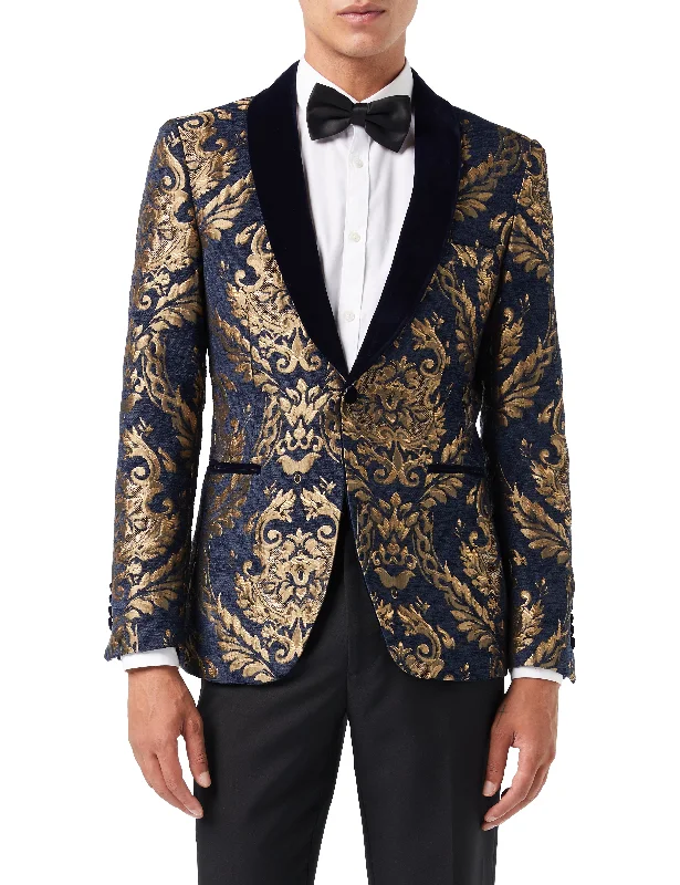 GLEN - GOLD BROCADE ON FLOCKED NAVY VELVET LAPEL JACQUARD BLAZER Trendy Men's Scandinavian