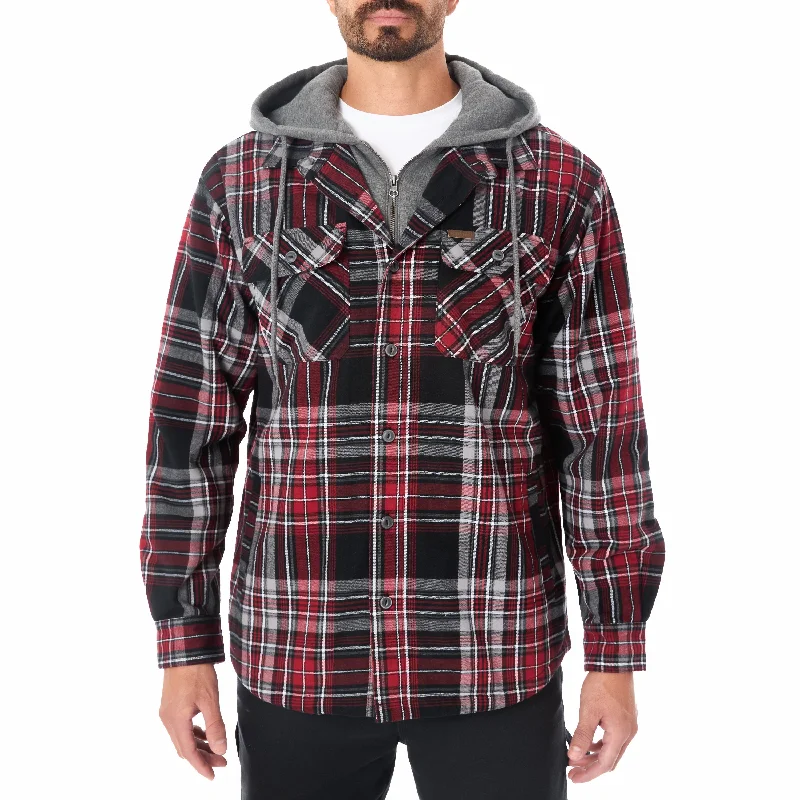 SHERPA LINED HOODED FLANNEL SHIRT JACKET WITH INSET Monochromatic All