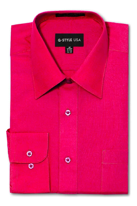 Men's Basic Solid Color Button Up Dress Shirt (Fuchsia) Laid