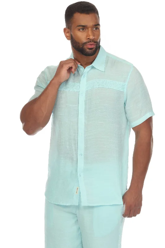 Men's Beach Button Down Shirt Short Sleeve with Pleated Trim Artistic Men's Avant