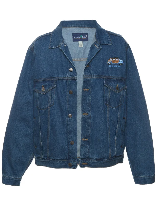 Embroidered Button-Front Denim Jacket  - XL Cozy Men's Winter