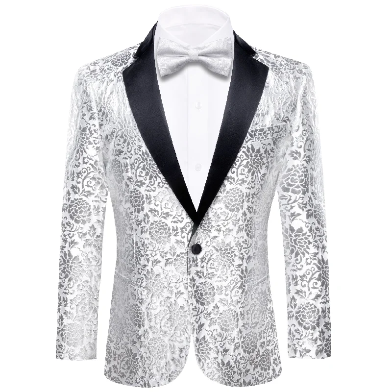 Simon Von  Luxury White  Grey Floral Men's Suit  Blazer-XX-0110 Elegant Men's Cashmere