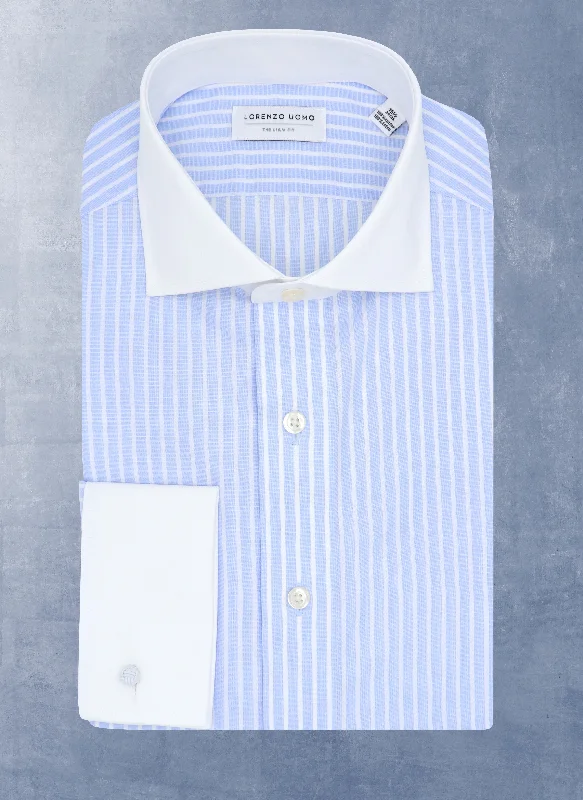 Liam in Blue Wide Stripe Shirt in White Collar & French Cuff Sophisticated Men's 