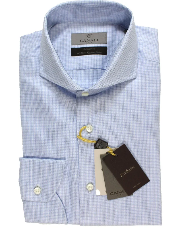 Canali Dress Shirt Exclusive Collection White Blue Design - Modern Fit 40 - 15 3/4 Classic Men's Pin