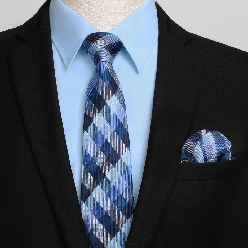 Men's Shirt with Tie Handkerchief Set - BLUE/STRIEPD Minimalist Men's Casual 