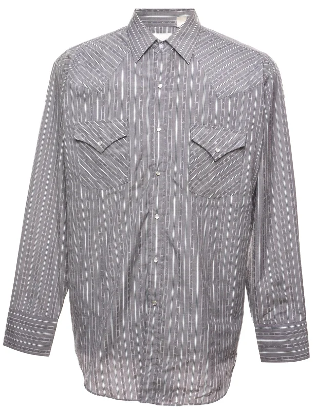 Striped Grey & White Western Shirt - L Streetwear Style