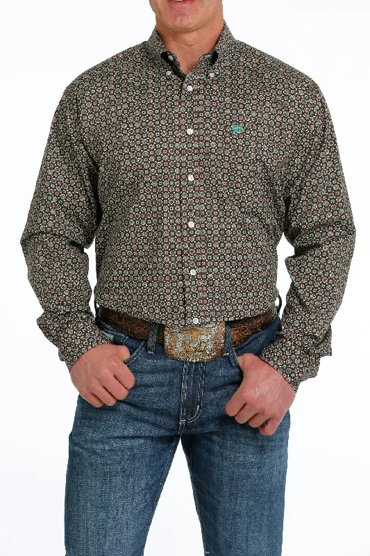 Cinch Men’s Brown/Green/ White Geo Print Shirt Earthy Men's Sustainable 