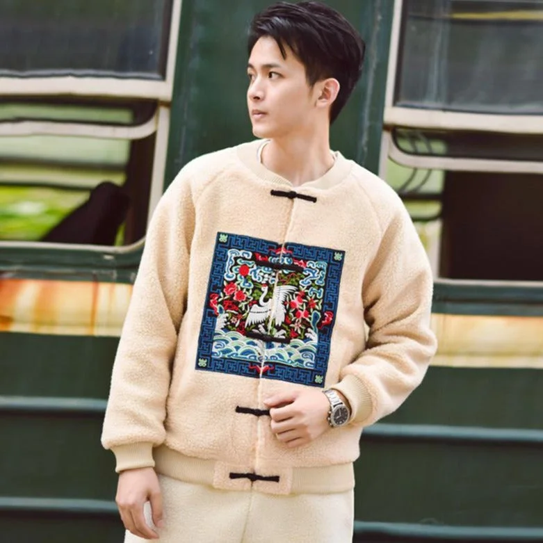 Crane Embroidery Thick Camo Fleece Unisex Chinese Style Jacket Dynamic Men's High