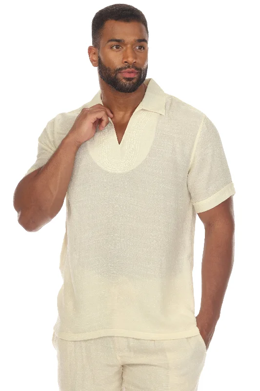 Men's Beach V-Neck Collar Shirt Short Sleeve with Embroidered Accent Modern Men's Geometric