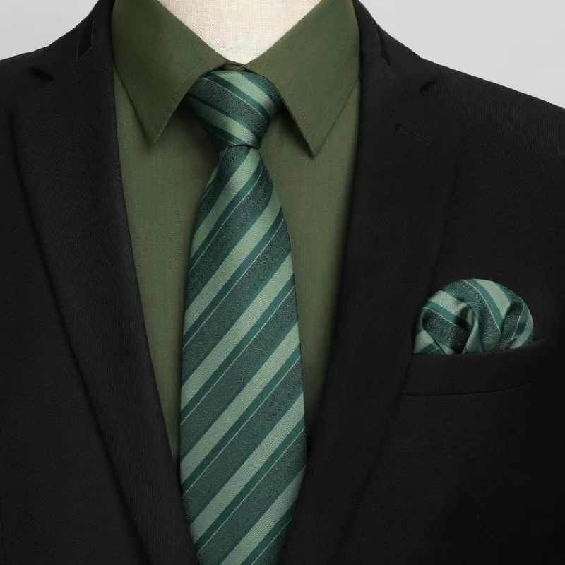 Men's Shirt with Tie Handkerchief Set - GREEN/STRIPED Athletic Men's Compression