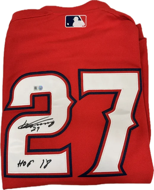 Vladimir Guerrero Sr. Autographed "HOF 18" Angels Red Batting Practice Jersey Laid