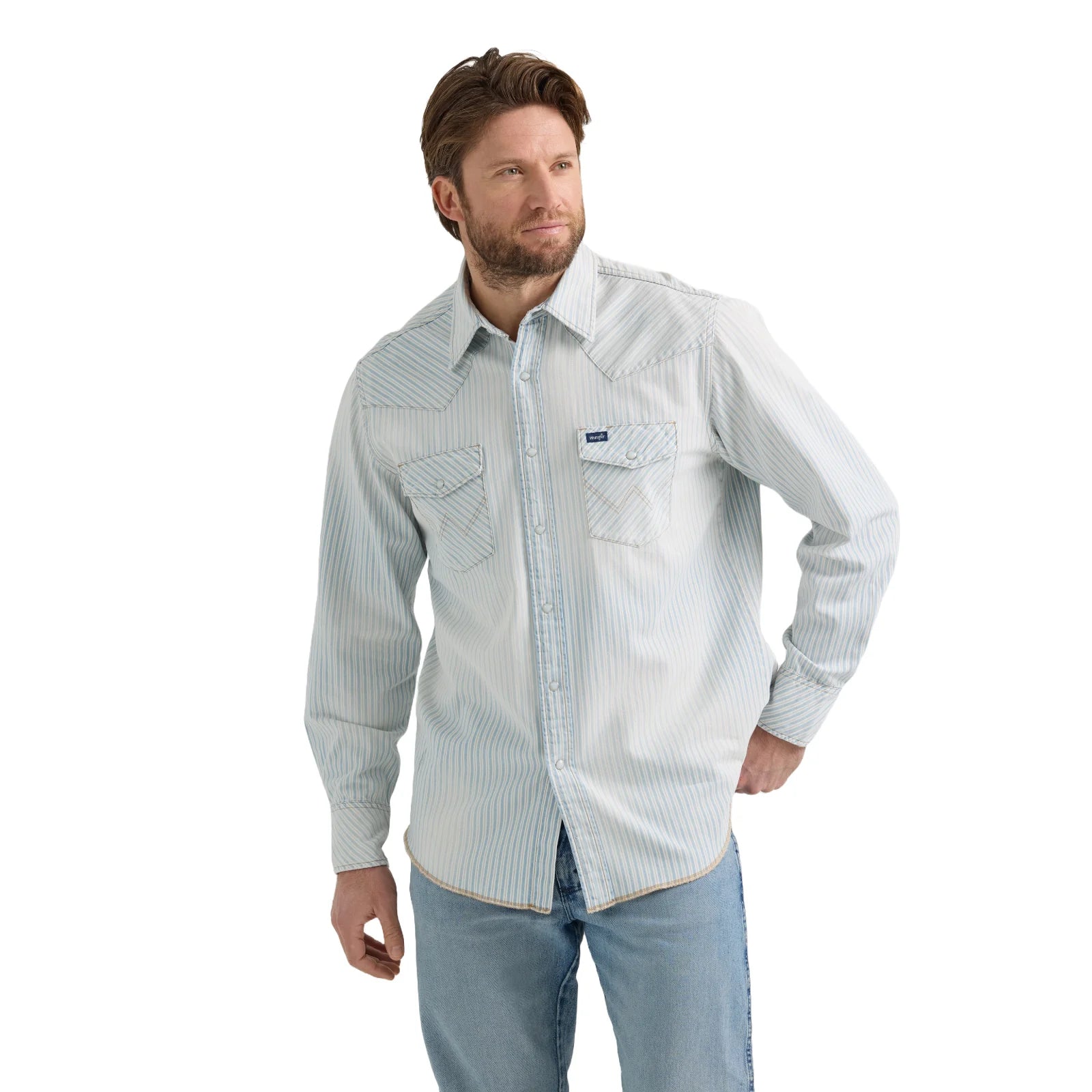 Wrangler White and Blue Snap Button Shirt Modern Men's Tech