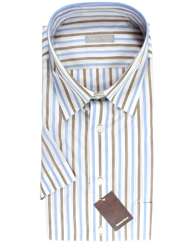 Stefano Ricci Short Sleeve Shirt White Blue Brown Stripes Pattern XXL / 43 -17 SALE Street