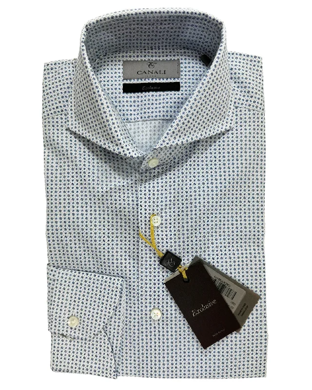 Canali Dress Shirt White Blue Navy Micro Design - Exclusive Collection 38 - 15 Monochromatic All