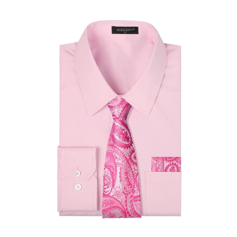 Men's Shirt with Tie Handkerchief Set - PINK Unique Men's Patch