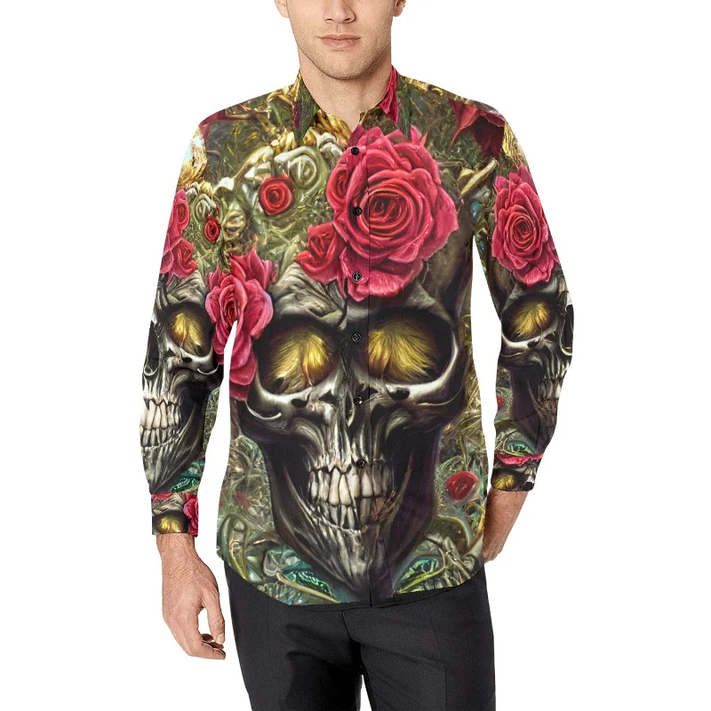 Men's Skull Red Floral Long Sleeve Shirt Earthy Men's Sustainable 