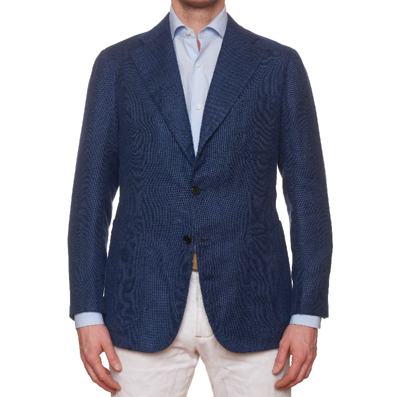 Sartoria CHIAIA Bespoke Handmade Blue Wool-Silk-Linen Hopsack Jacket EU 50 US 40 Artistic Men's Hand