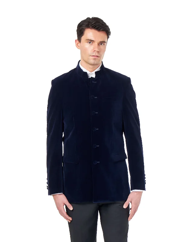 HARSHIL – NAVY BLUE VELVET SMOKING JACKET NEHRU COLLAR Sharp Men's Italian