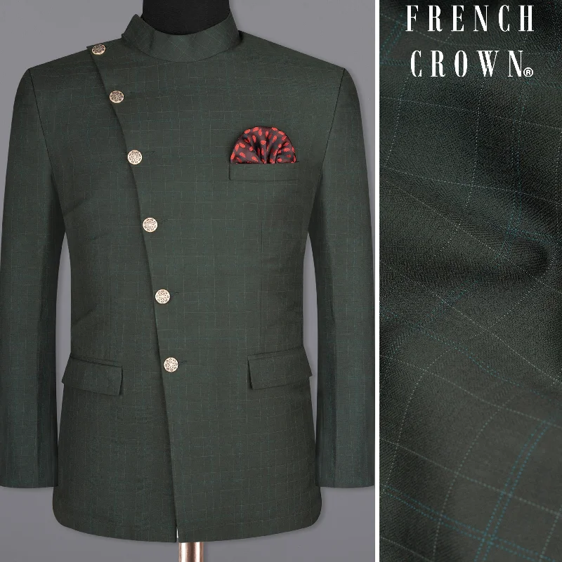 Dune Green Super fine Plaid Woolrich Cross Placket Bandhgala Blazer Elegant Men's Formal 