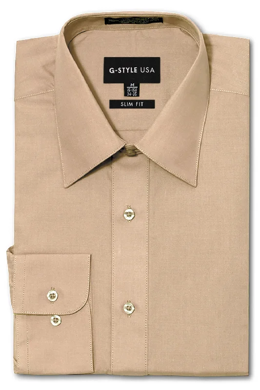 Men's Slim Fit Solid Color Dress Shirt (Beige) British Gentleman Style