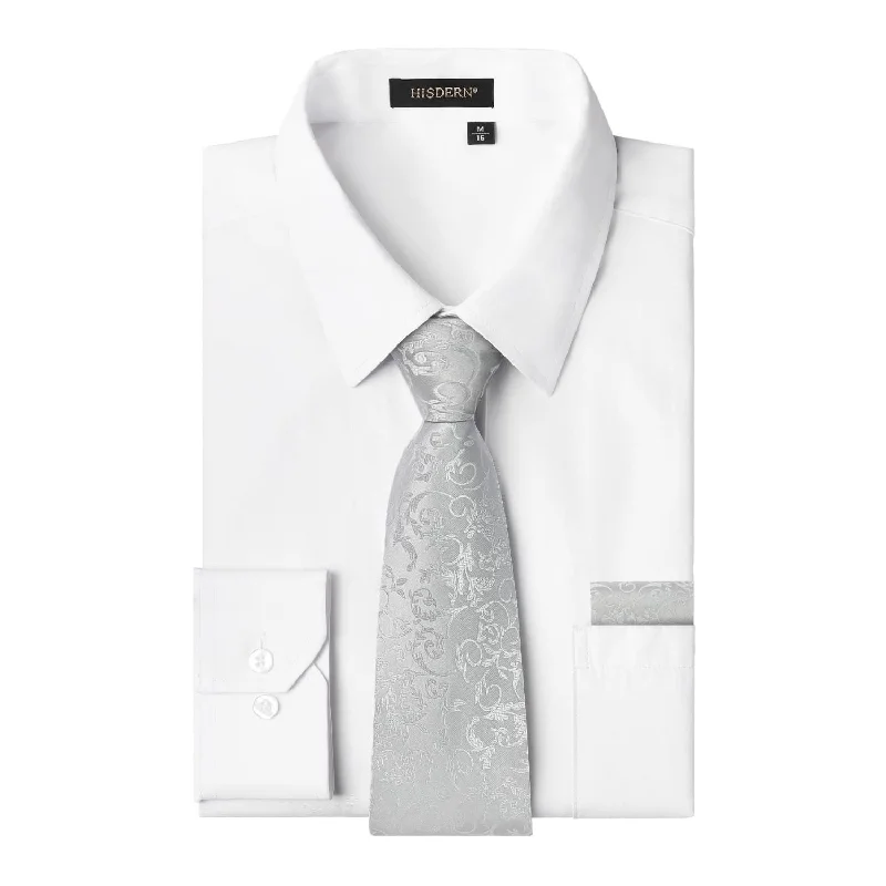 Men's Shirt with Tie Handkerchief Set - WHITE/SILVER TIE Confident Men's Power