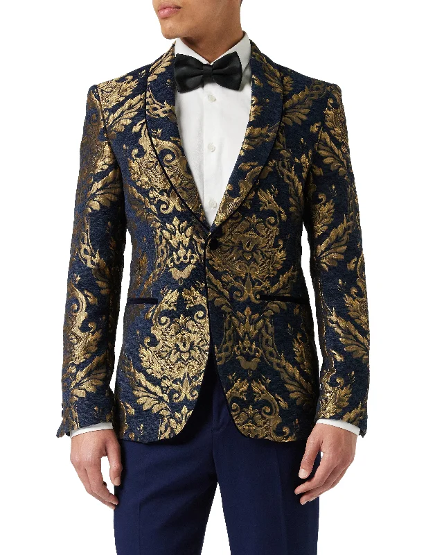 GLEN - Gold Brocade on Flocked Navy Velvet Jacquard Blazer Organic