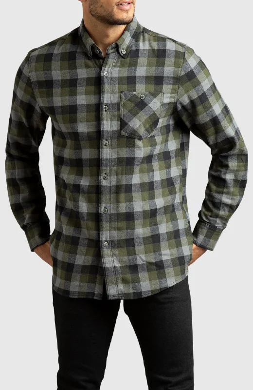 Green & Black Plaid Flannel Shirt Traditional Men's Wool