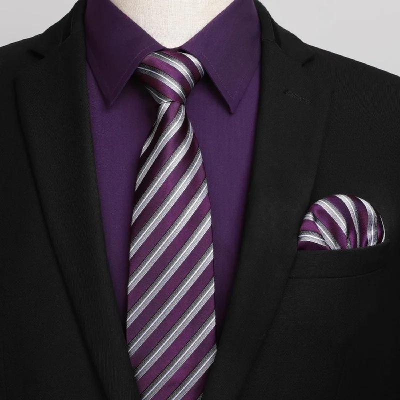 Men's Shirt with Tie Handkerchief Set - PURPLE/STRIEPD Trendy Men's Oversized