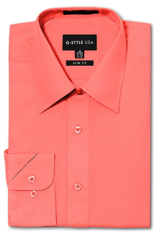 Men's Slim Fit Solid Color Dress Shirt (Coral) Casual Men's Loose