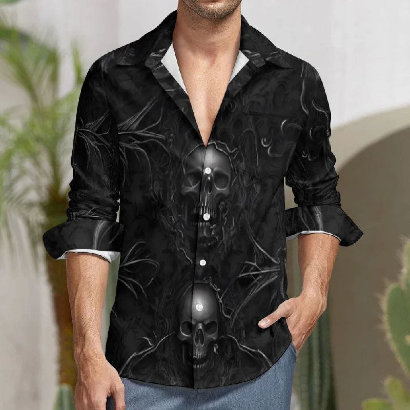 Men's Black Skull 👨💀👔 Casual One Pocket Long Sleeve Shirt Modern Men's Geometric