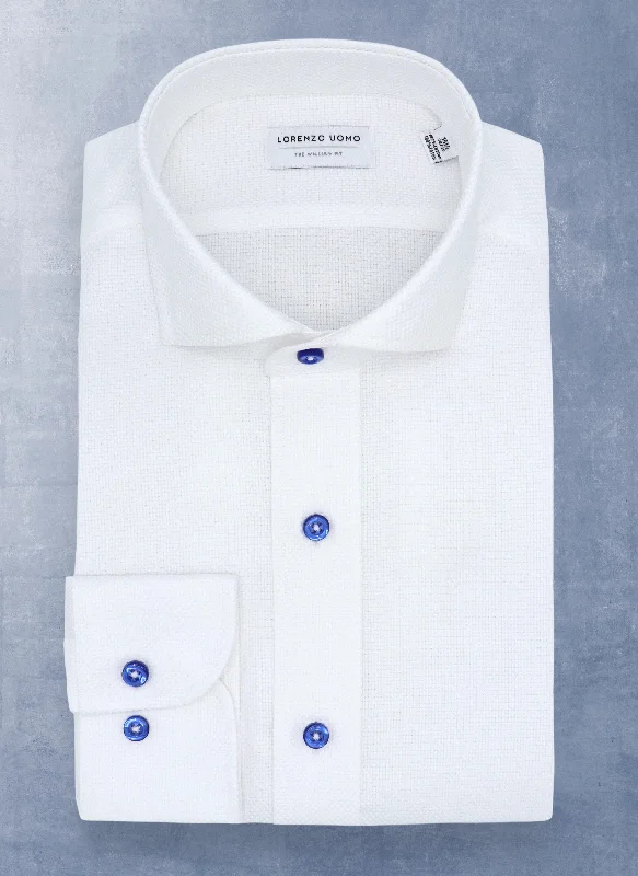 William in White Solid Textured with Contrast Navy Buttons Shirt Stylish Men's Tropical 