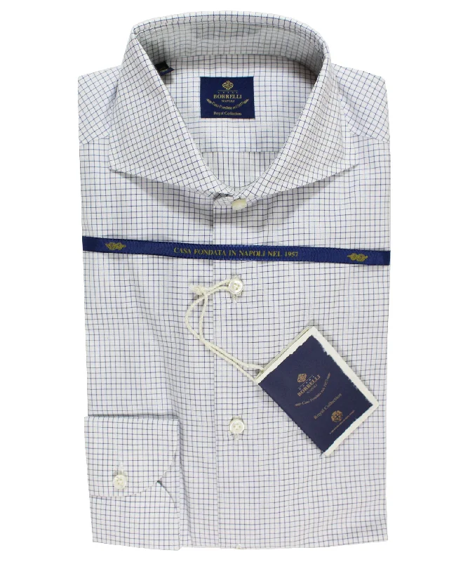 Luigi Borrelli Dress Shirt White Navy Graph Check - Royal Collection 38 - 15 Casual Men's Short