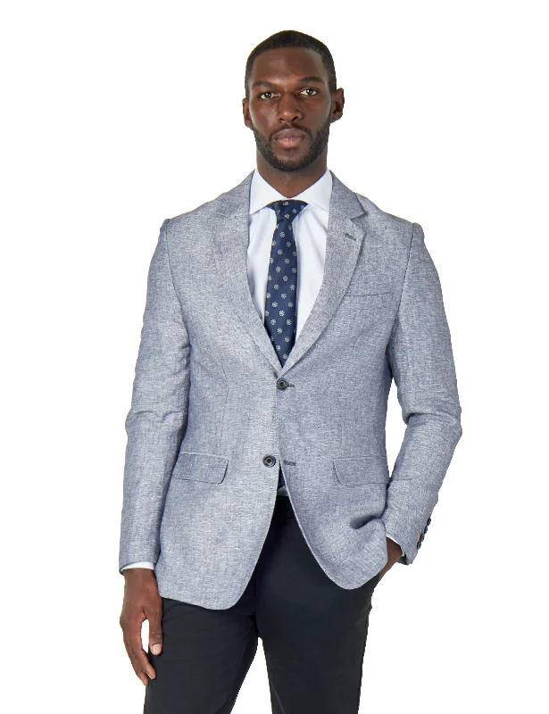 RAY - TAILORED FIT BLUE GREY HERRINGBONE LINEN SUIT JACKET Cozy Men's Sherpa