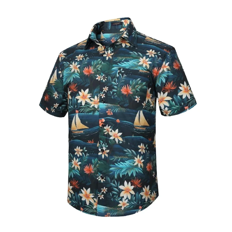 Funky Hawaiian Shirts with Pocket - 13-BLACK FLORAL Stylish Men's Neon