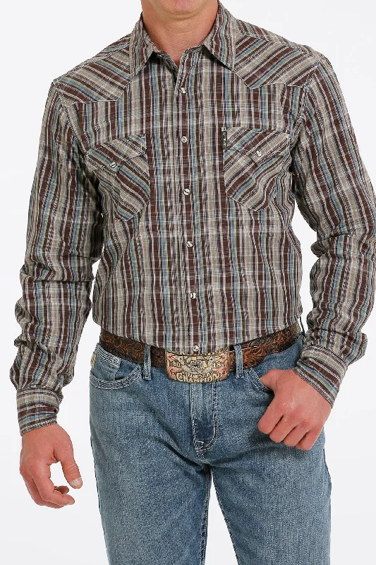 Cinch Men’s Brown & Blue Modern Fit  Plaid Shirt Youthful Men's Pop