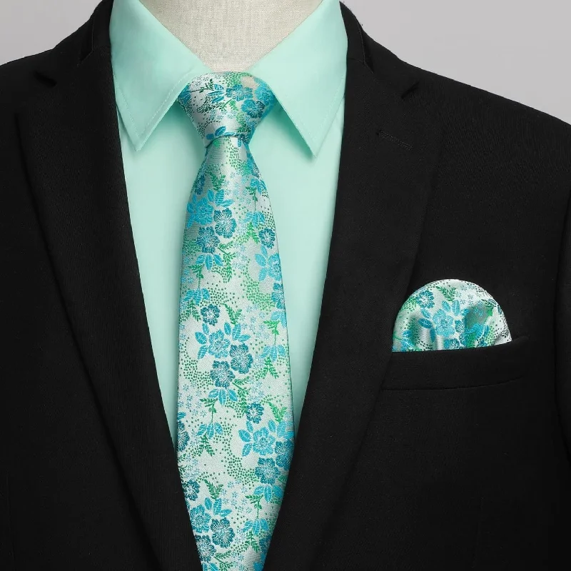 Men's Shirt with Tie Handkerchief Set - GREEN3/FLORAL Organic