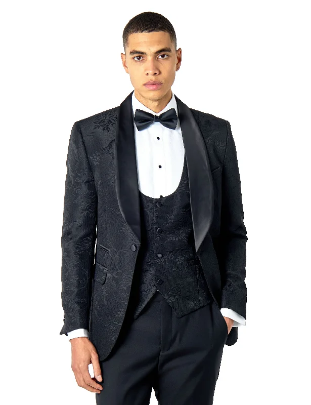 HENRY – BLACK TUXEDO SUIT JACKET DAMASK FLOCKED JACQUARD PRINTED Dynamic Men's Glow