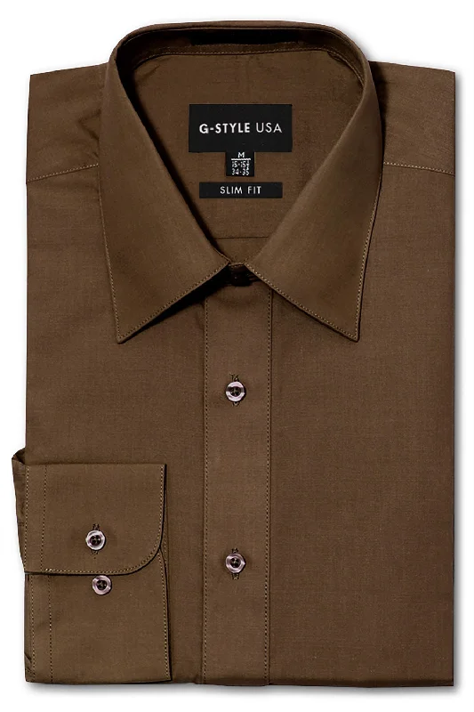 Men's Slim Fit Solid Color Dress Shirt (Brown) Classic Men's Pin