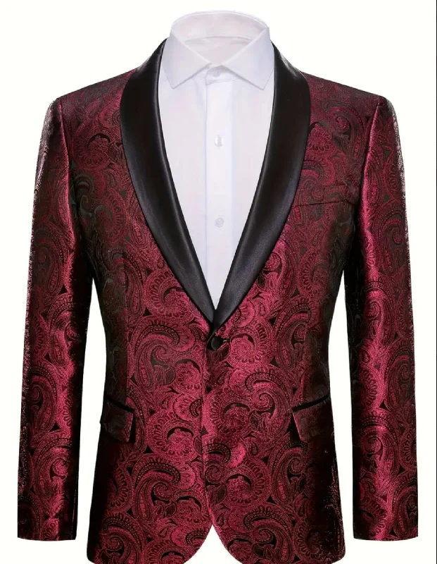 Simon Von  Stylish Paisley Print One Button Blazer - Dark Red -GH191446 Edgy Men's Punk