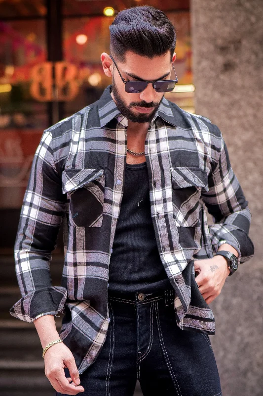 Black White Check Double Pocket Flannel Shirt Trendy Men's Oversized