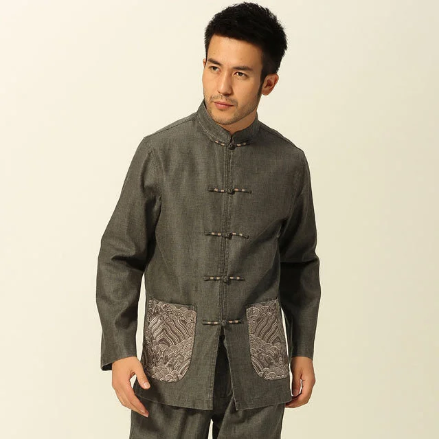 Signature Cotton Traditional Chinese Jacket with Floral Embroidery Pocket Relaxed Men's Beach