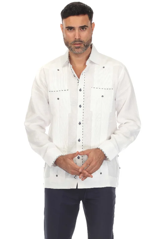 Mojito Men's 100% Linen Guayabera Chacabana Shirt Long Sleeve with Print Trim Accent Earthy Men's Sustainable 